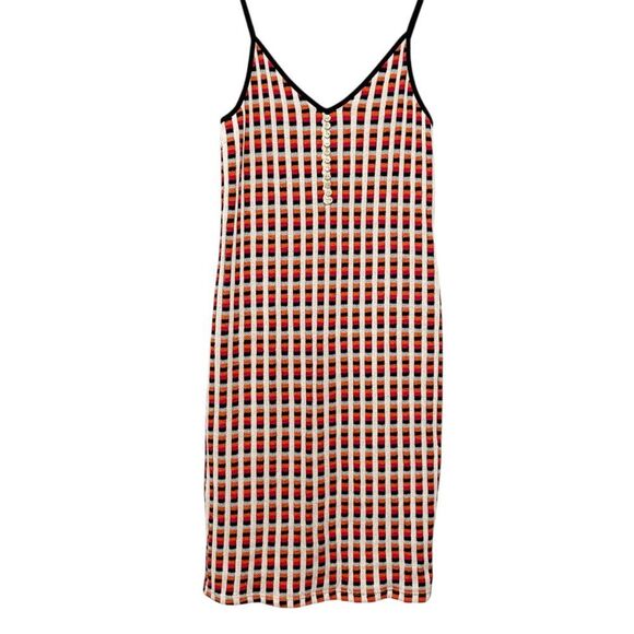 Zara Red Blue White Knit Window Pane Pattern Midi Slip Sleeveless Dress S Retro - Picture 2 of 10